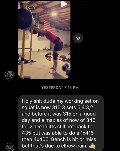SOCOM II – DM with video: squat working set 315 for 3 sets, deadlift 415