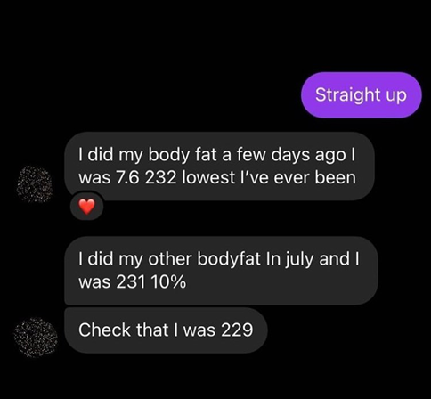 SOCOM II – DM: 7.6% body fat at 232 lbs, lowest ever