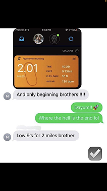 SOCOM I – text with run tracker: 2 miles at a 5:13 pace