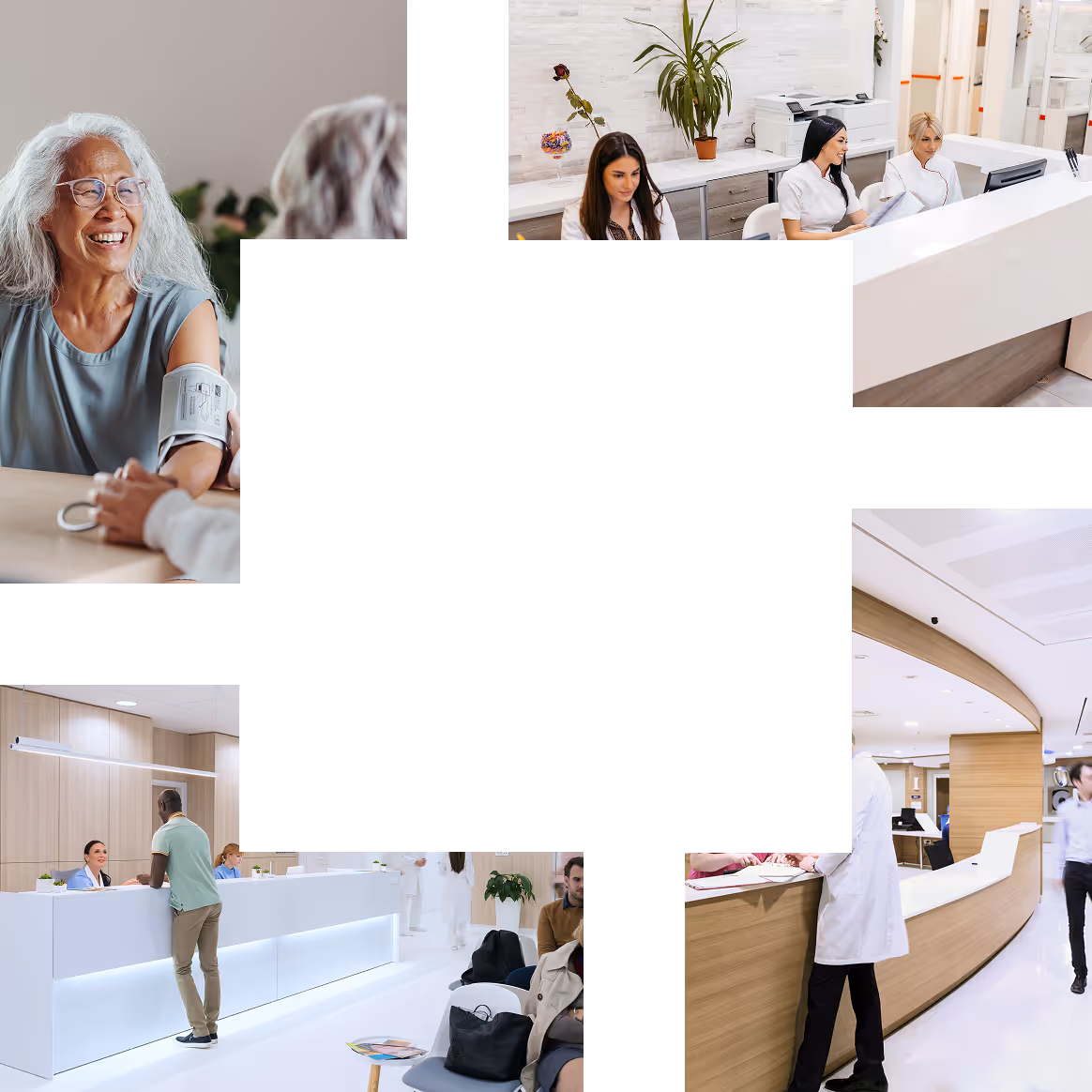 Collage showing diverse healthcare scenes including a woman having blood pressure measured, reception staff at a desk, a man consulting at a hospital reception, and medical professionals reviewing documents.