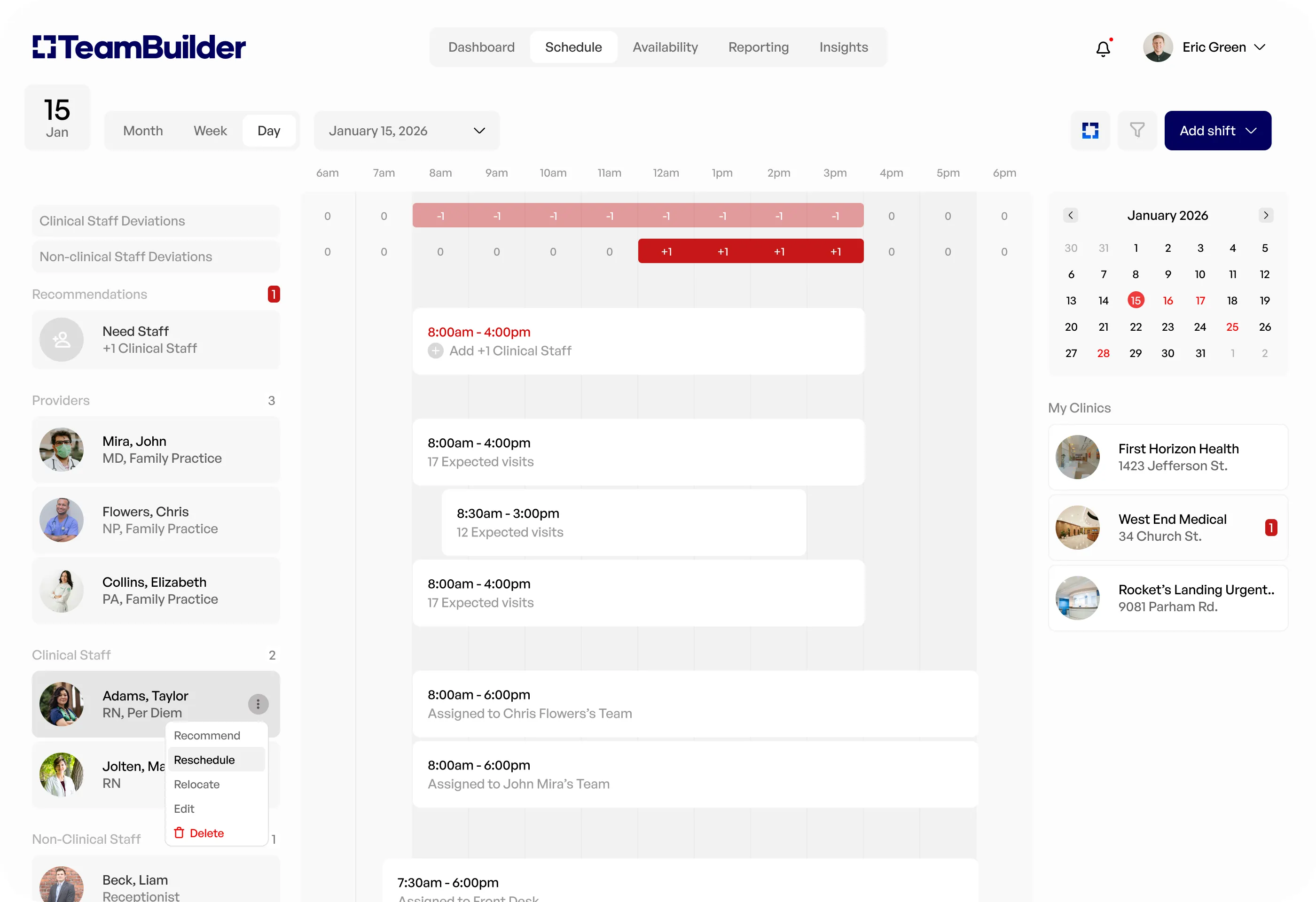 TeamBuilder scheduling dashboard displaying clinical and non-clinical staff shifts, staff deviations, recommendations, provider list, and a calendar for January 2026 with daily view.