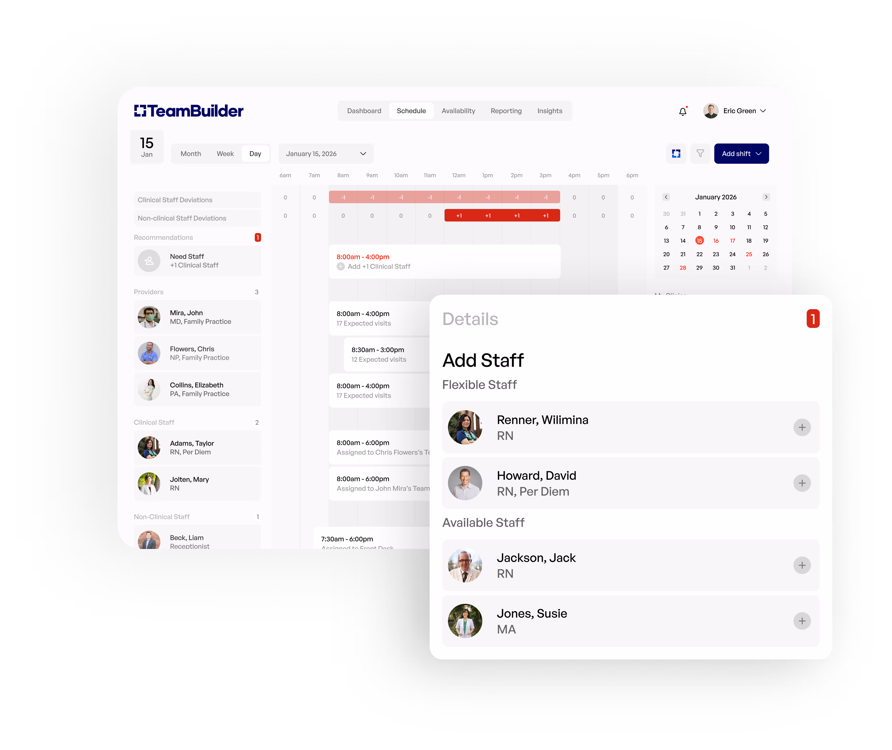 TeamBuilder scheduling interface showing staff deviations, recommendations to add clinical staff, individual providers and clinical staff listed with a calendar for January 15, 2026, and a details pane to add flexible and available staff with photos and roles.