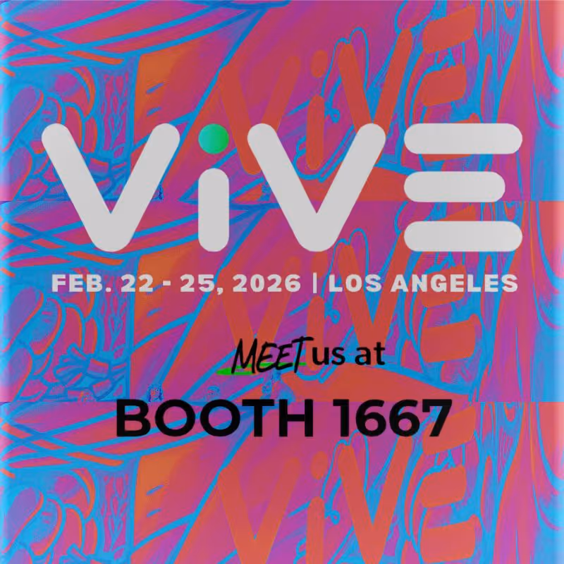 Vive event announcement with dates Feb 22-25, 2026, in Los Angeles, inviting to meet at booth 1667 against a colorful abstract background.
