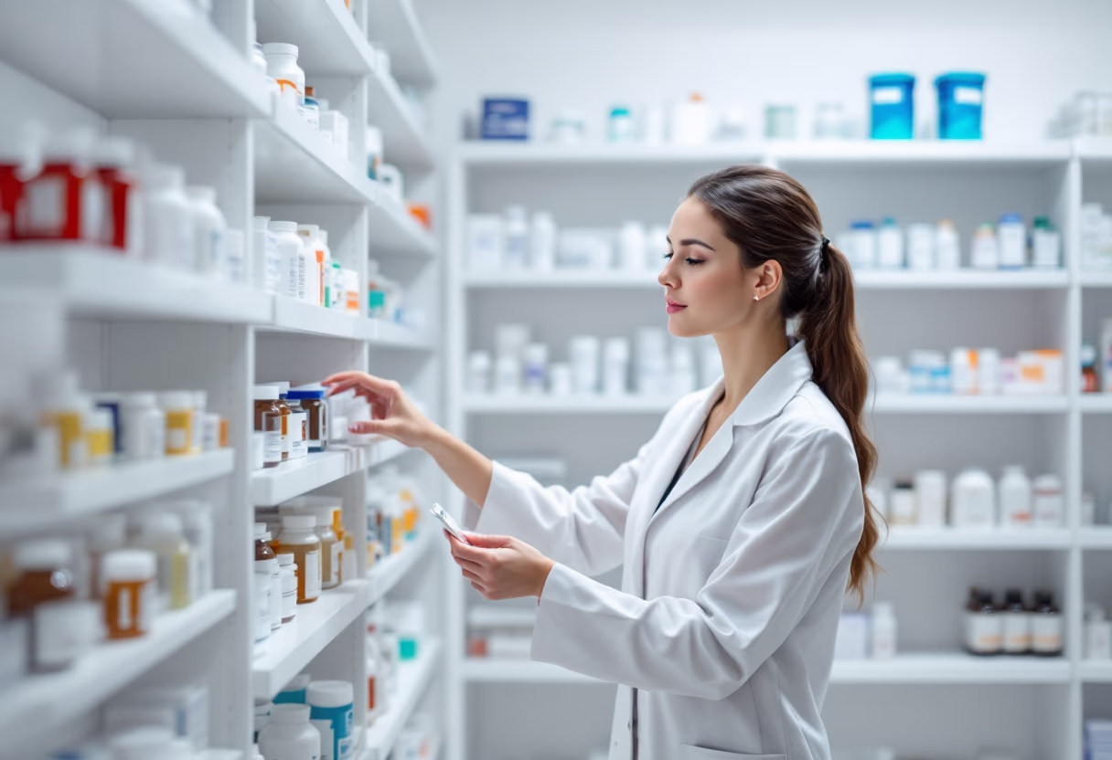 image of pharmacist arranging medicine shelves