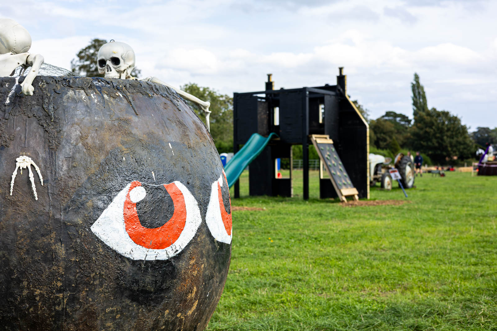 Giant painted eyeball beside the play area at Overstone Grange Farm