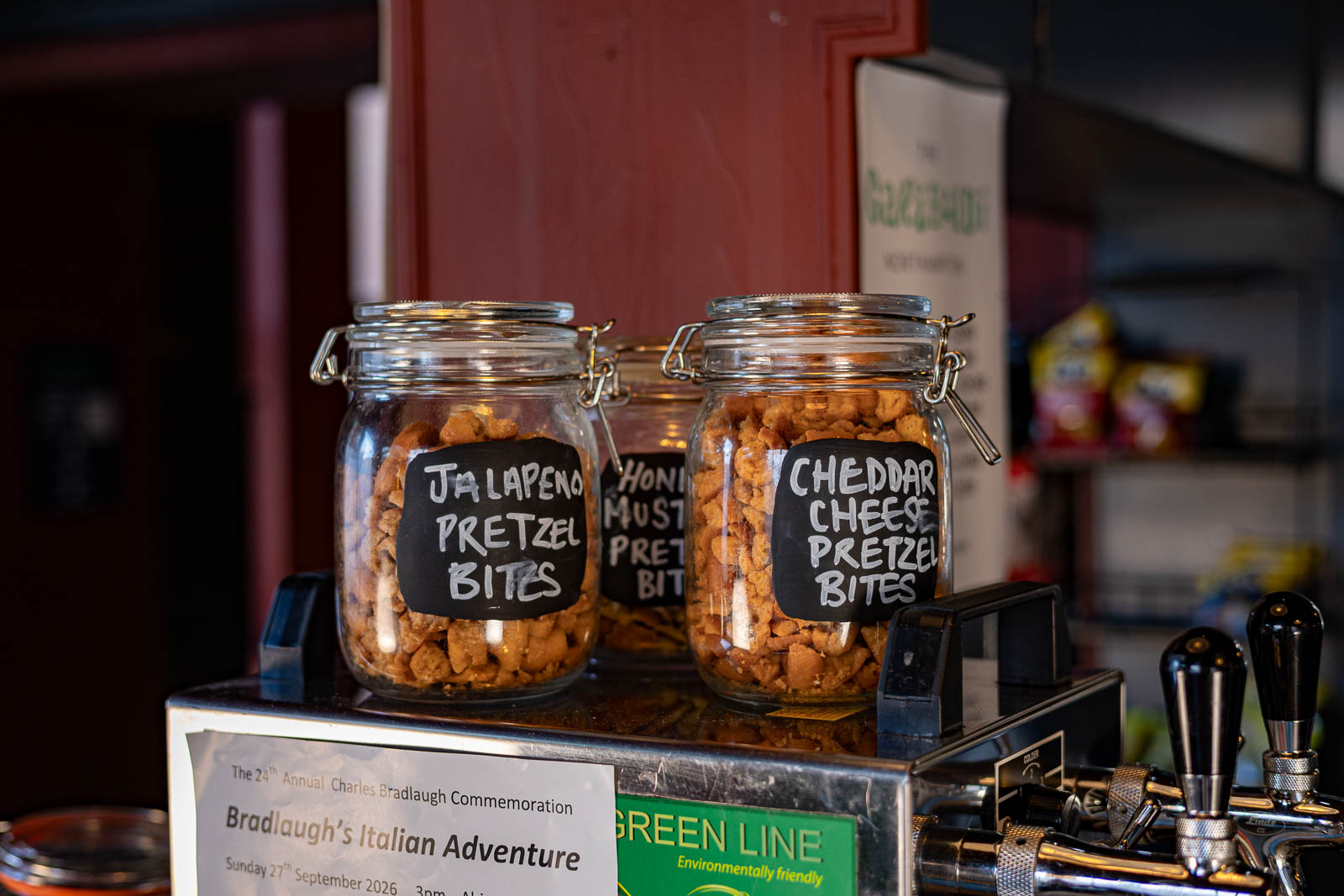 Jars of pretzel bites on the bar at The Garibaldi Hotel