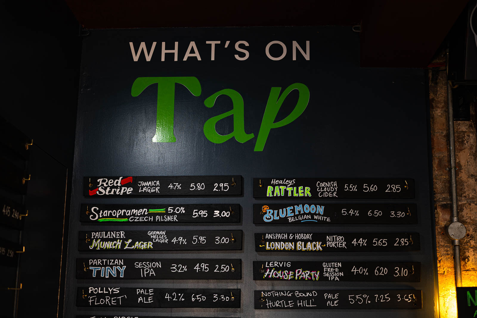 What's On Tap chalkboard listing the beers at The Garibaldi Hotel