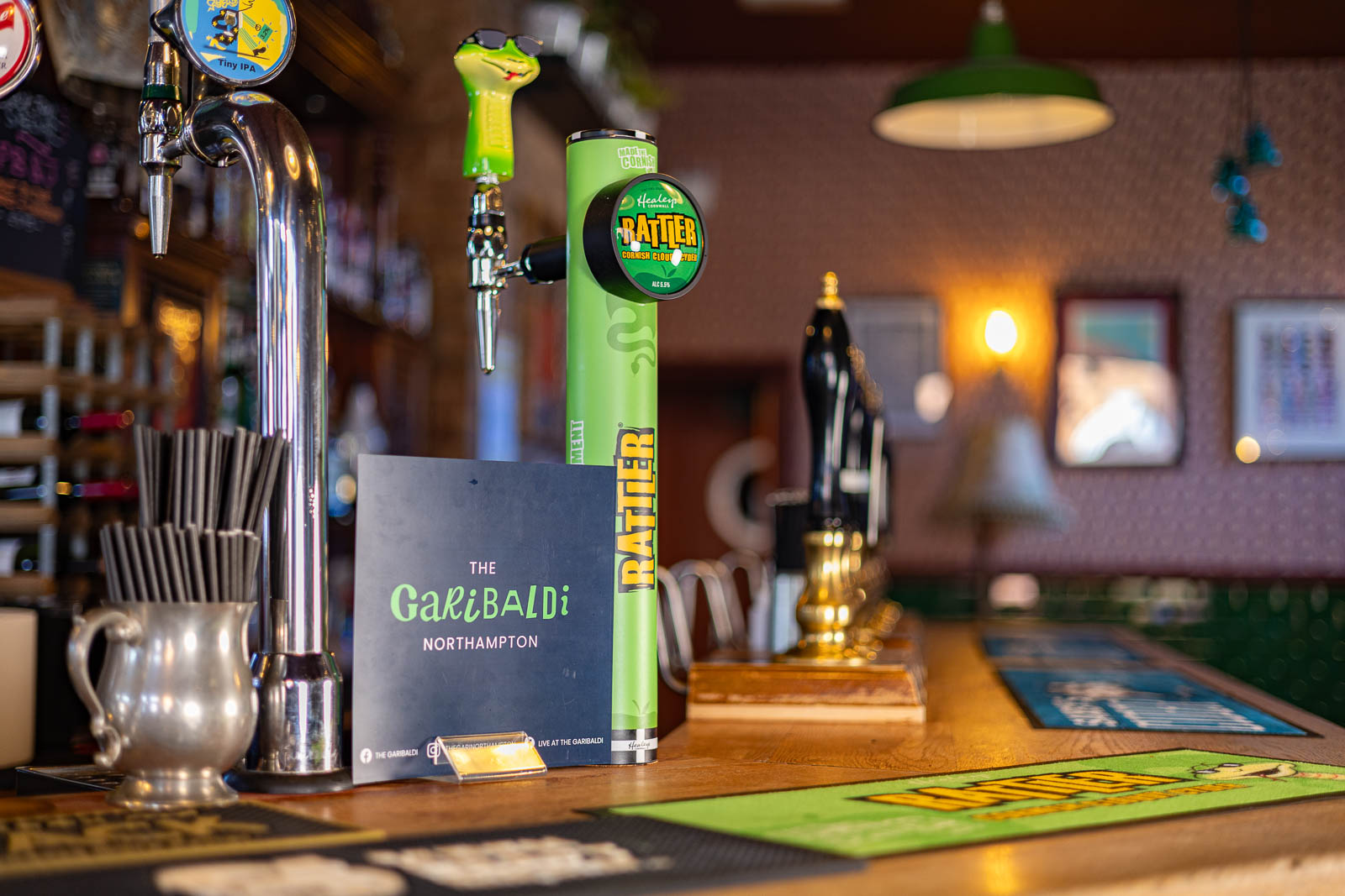 Beer taps and Garibaldi menu on the bar at The Garibaldi Hotel