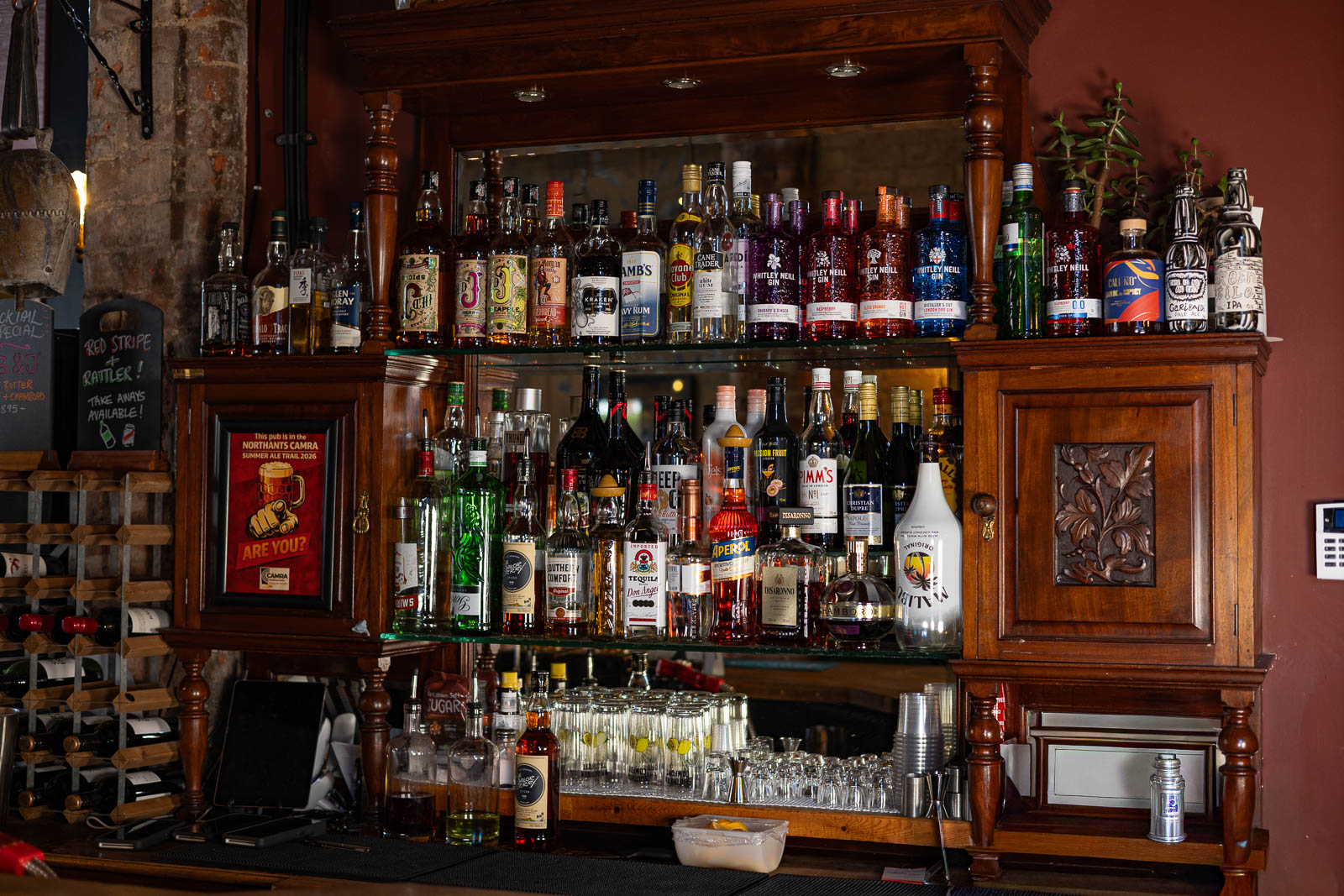 Back bar shelves of spirits at The Garibaldi Hotel