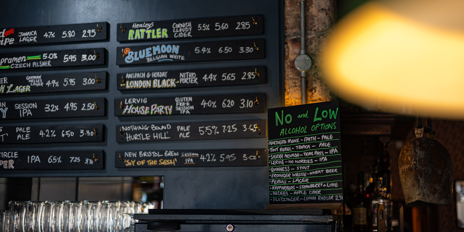 No and low alcohol board beside the tap list at The Garibaldi Hotel