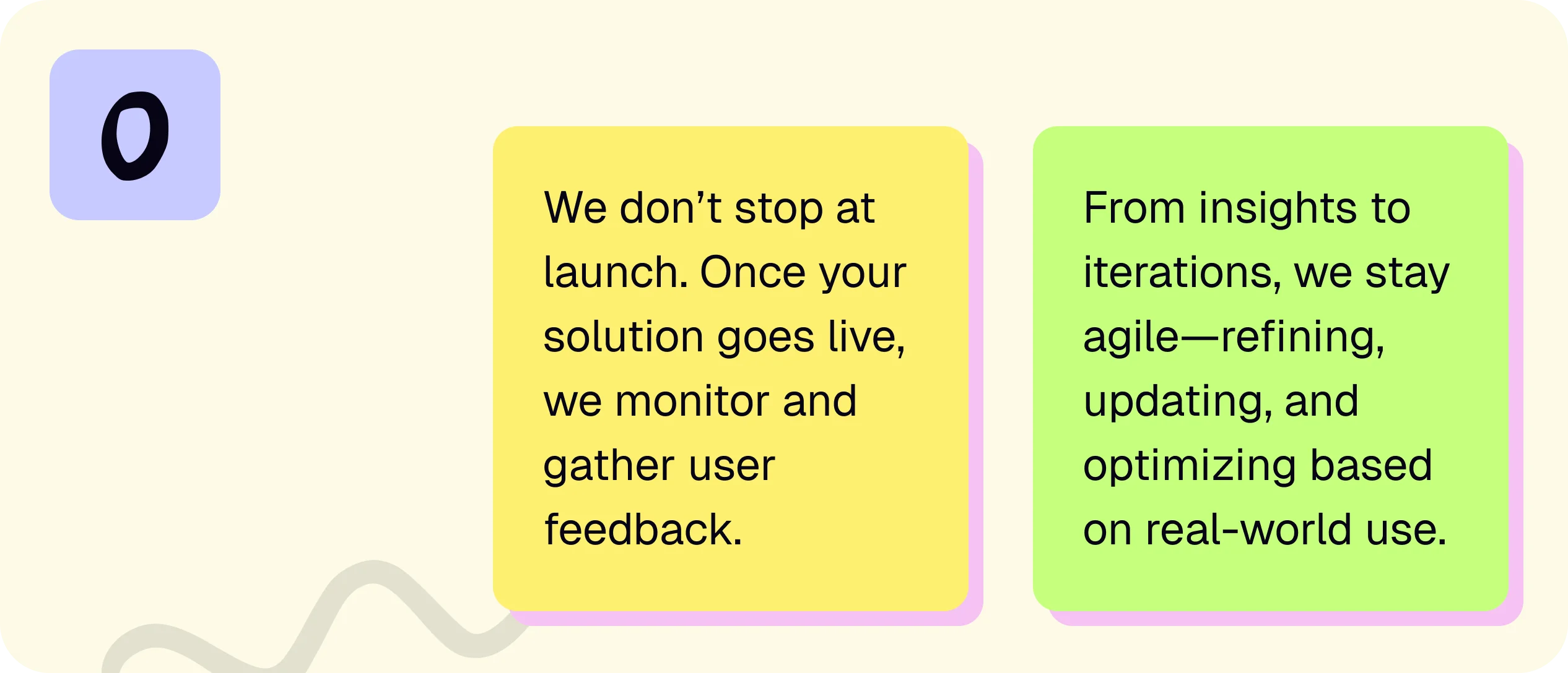 Visual demonstration with a smooth wavy line, two text boxes with content 'From insights' and 'We don't stop', and a stacked circles icon.
