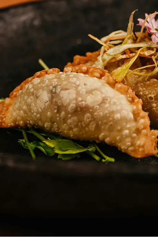 Golden fried empanada with crispy garnish on a dark plate