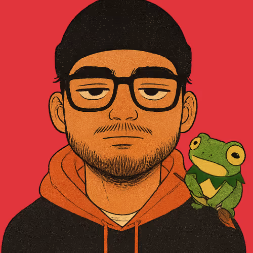 Illustration of a man wearing glasses, a black beanie, and an orange hoodie with a green frog sitting on his shoulder, set against a red background.
