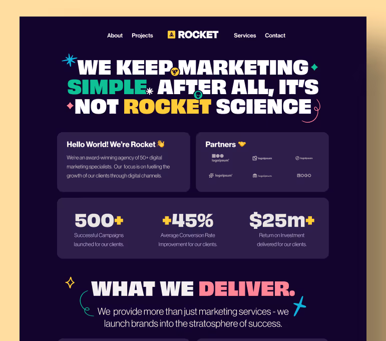 Marketing agency Rocket homepage highlighting successful campaigns, partners, and service commitment with bold colorful text on dark background.