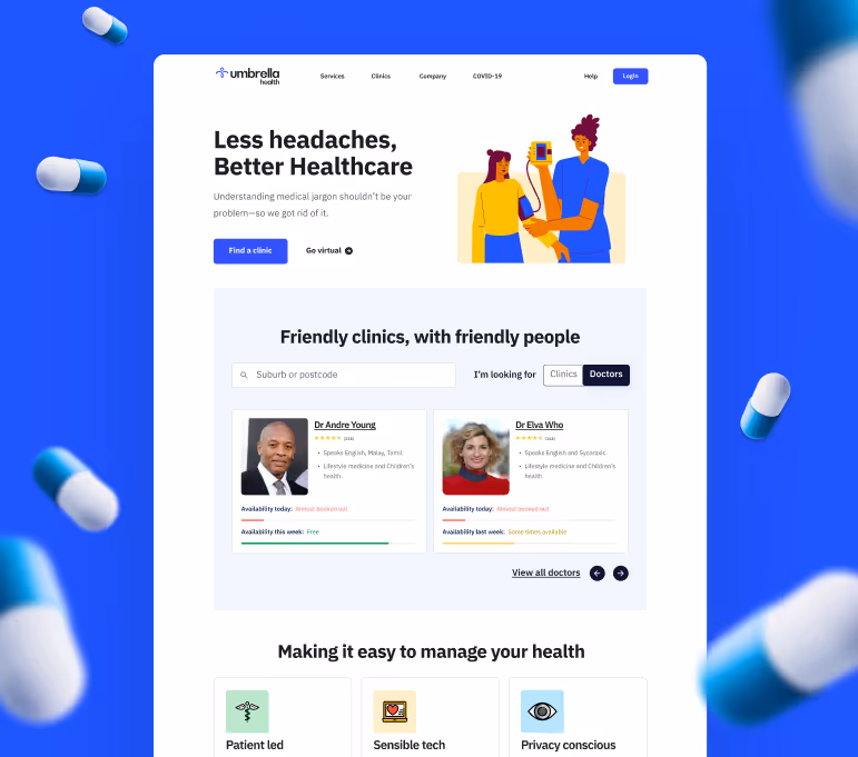 Website homepage of Umbrella Health showing options to find a clinic or go virtual, profiles of two doctors with availability, and sections highlighting patient-led care, sensible technology, and privacy consciousness.