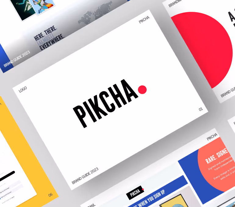 A digital brand guide presentation with a slide displaying the black text 'PIKCHA' followed by a red dot on a white background, surrounded by smaller slides with various design elements on a blue gradient background.