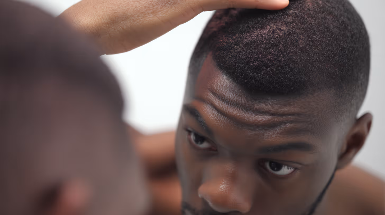 Close-up of a man inspecting his scalp and hairline in the mirror.