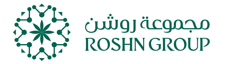 ROSHN Group logo featuring a geometric star pattern emblem to the left of the bilingual text in Arabic and English.