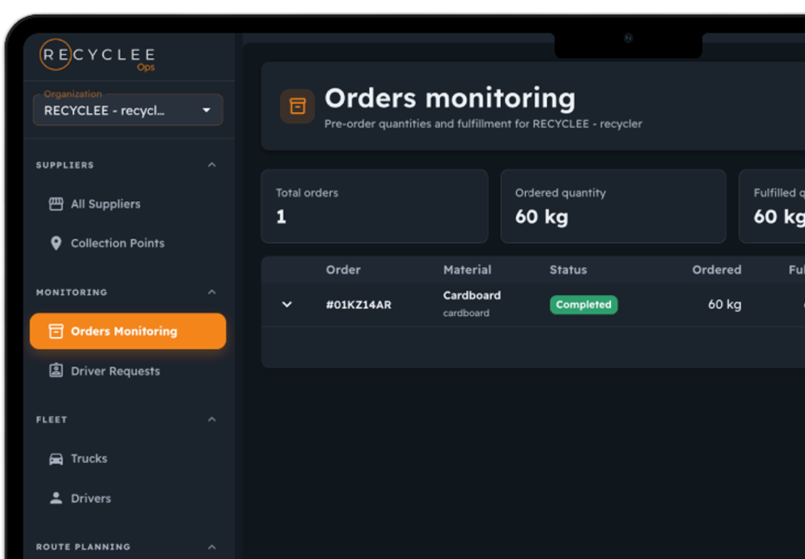 Dashboard screen showing order monitoring for RECYCLEE with 1 total order of 60 kg cardboard, status completed, including menu with options for suppliers, monitoring, fleet, and route planning.