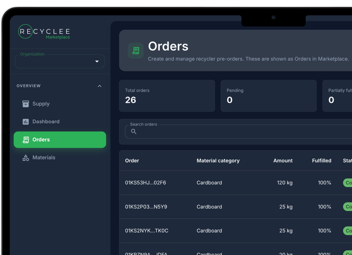User interface of Recyclee Marketplace showing Orders section with a summary of total orders as 26, zero pending or partially fulfilled, and a list of orders mainly for cardboard with amounts and 100% fulfillment status.
