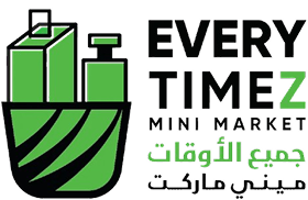 Logo for Every Timez Mini Market featuring stylized green shopping bags and Arabic text below.