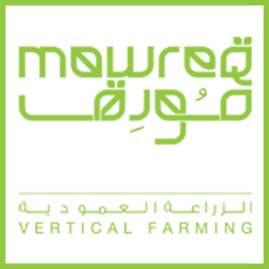 Green square logo displaying the word 'mowrq' in stylized lowercase letters at the top, Arabic text below it, and the phrase 'VERTICAL FARMING' at the bottom.