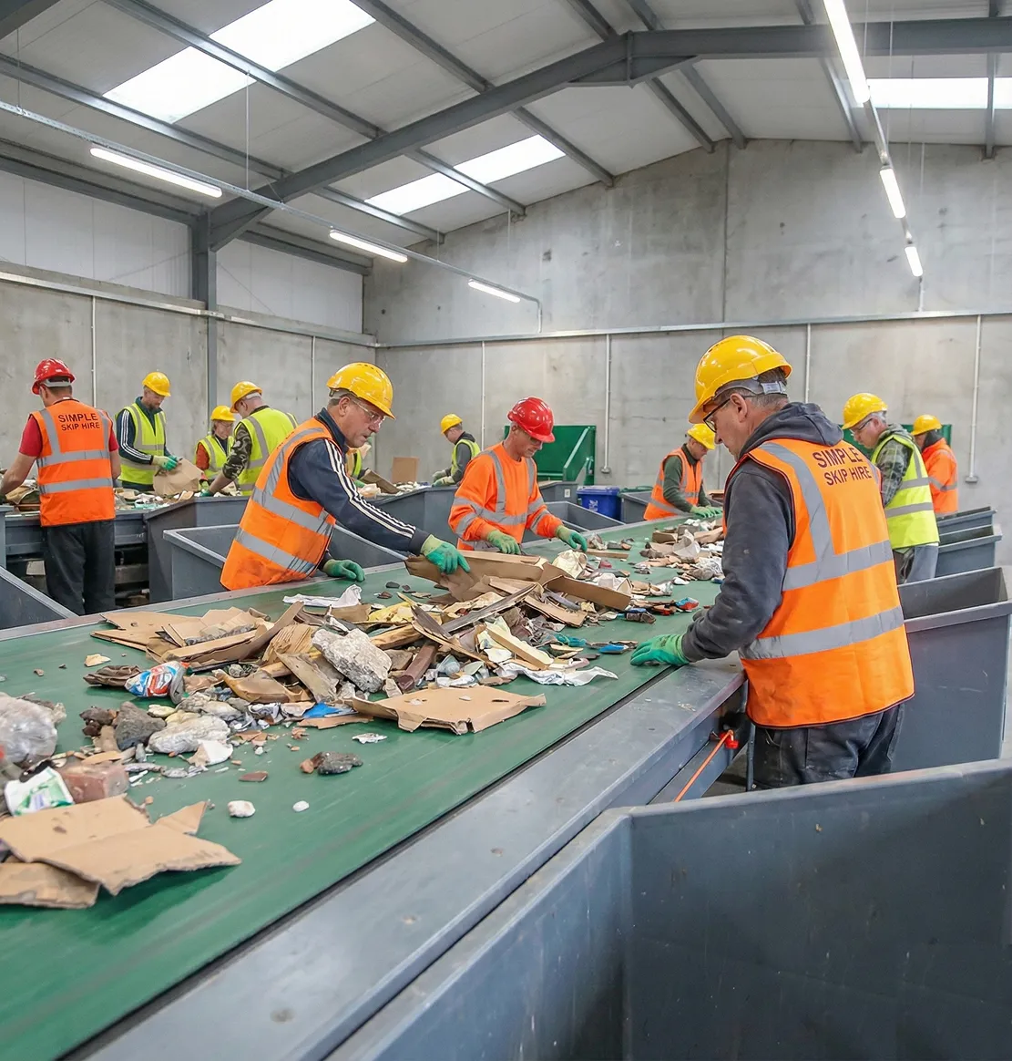 Workers wearing helmets and orange safety vests sorting recyclable materials on a conveyor belt in a warehouse.