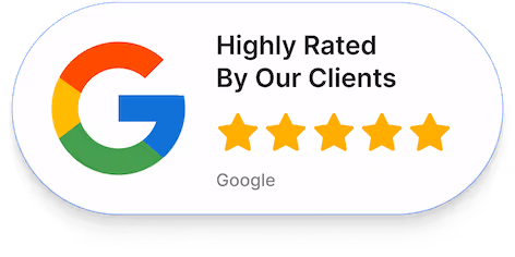 Google logo next to text 'Highly Rated By Our Clients' with five gold stars below.