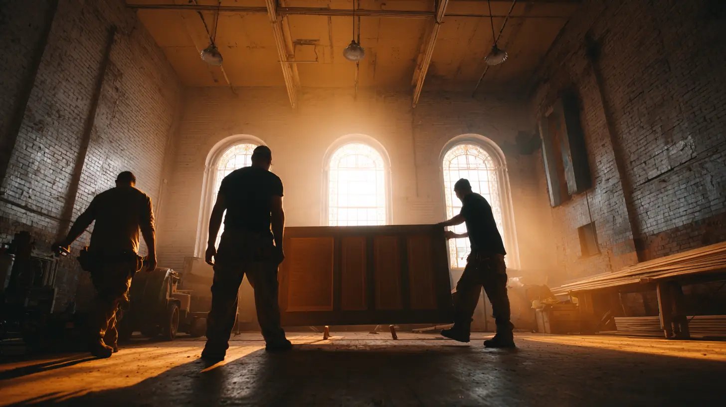 Three silhouetted workers moving a large wooden panel in a sunlit industrial room with arched windows and brick walls.