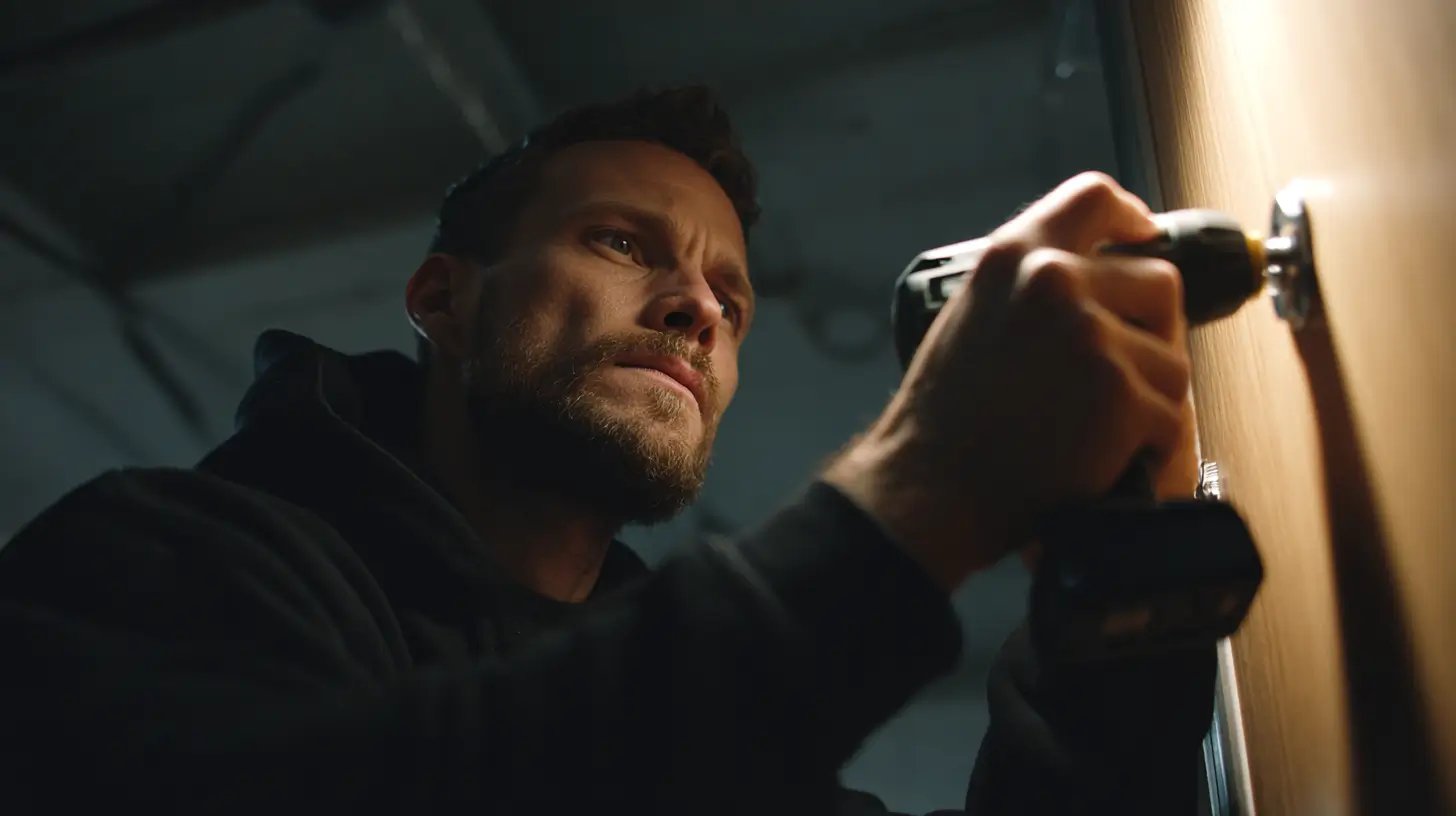 Man focused on using a cordless drill to install a door lock on a wooden door.