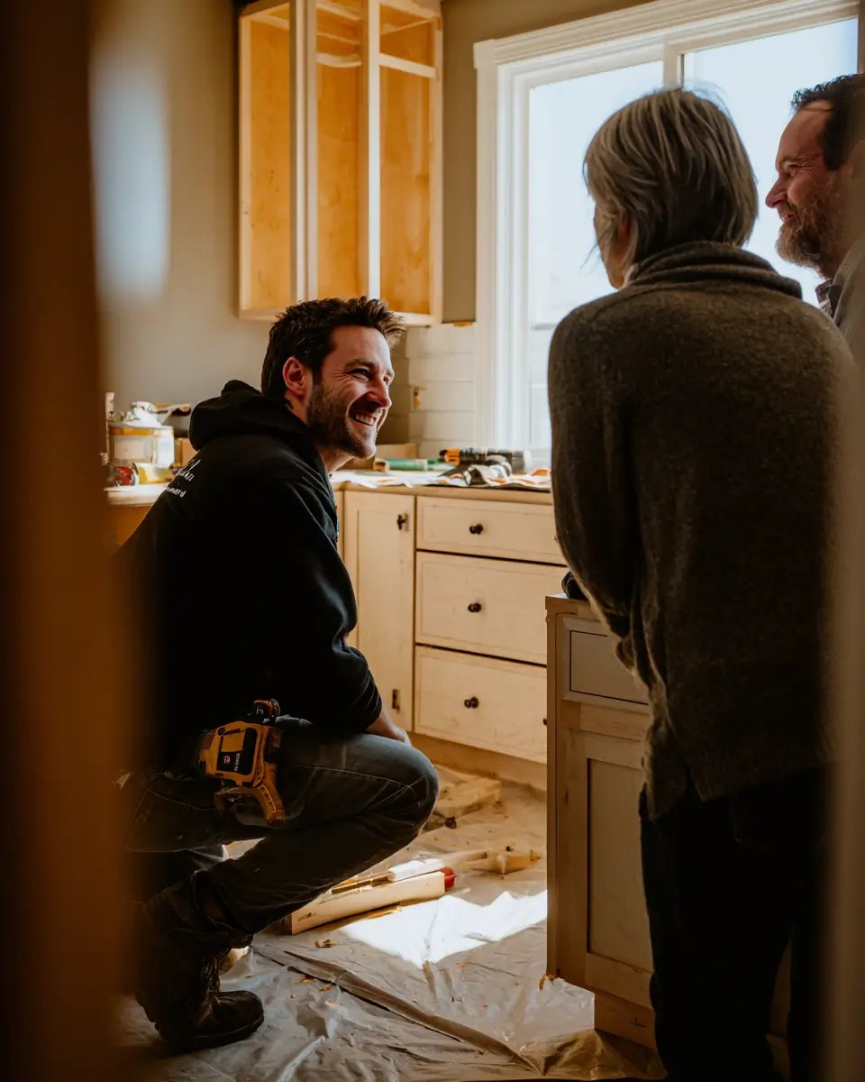 A contractor in a black hoodie squatting with a drill on his belt, smiling and talking to a couple inside a kitchen under renovation.