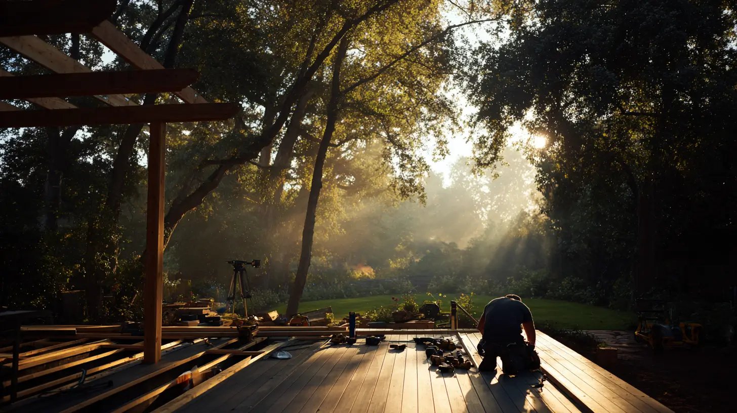 Person working on wooden deck construction early in the morning with sunlight filtering through surrounding trees.
