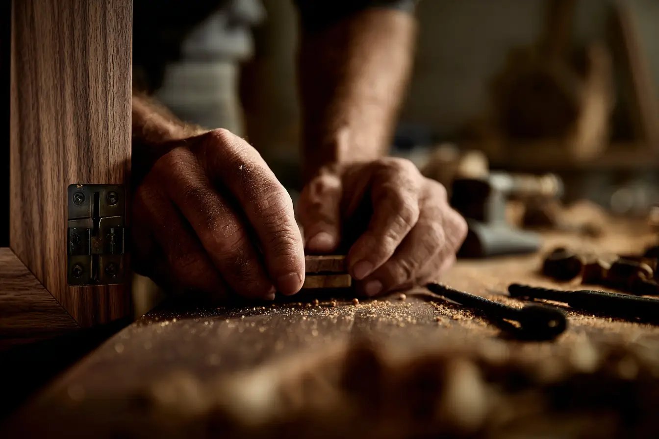 Close-up of a person's hands smoothing wood on a surface covered with wood shavings in a woodworking workshop.