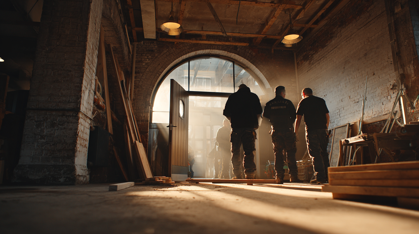 Three workers standing inside a dimly lit old brick building with sunlight streaming through an open arched doorway.