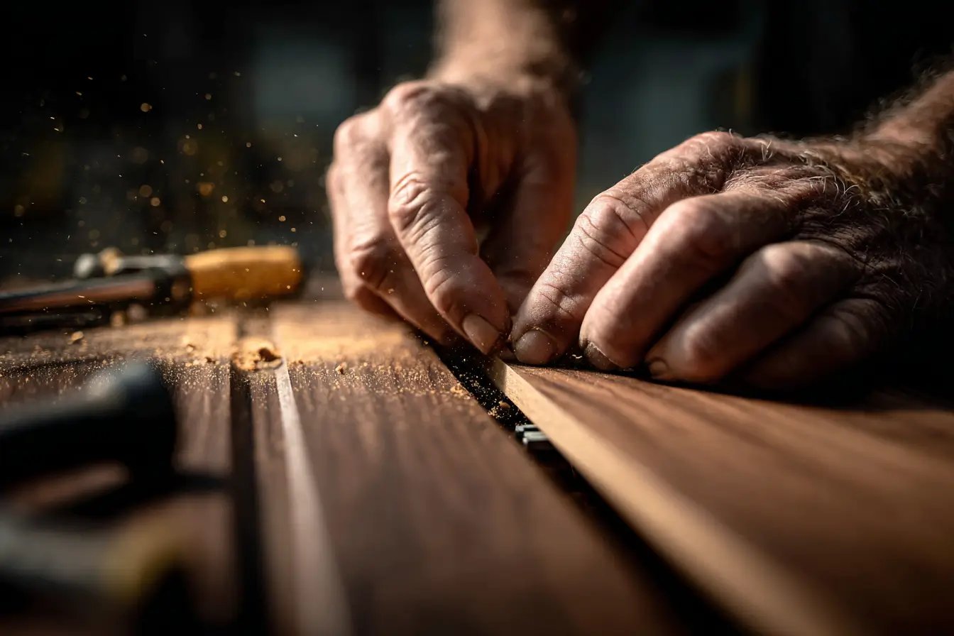 Hands fitting a wooden piece into a groove on a wooden surface in a woodworking workshop.