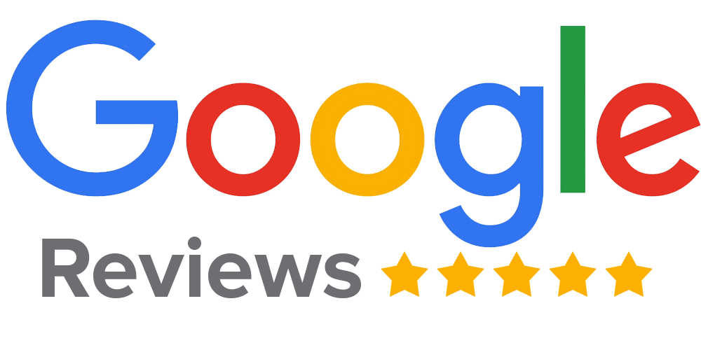 Google logo with a 5-star rating below it and the text 'Reviews' in gray.