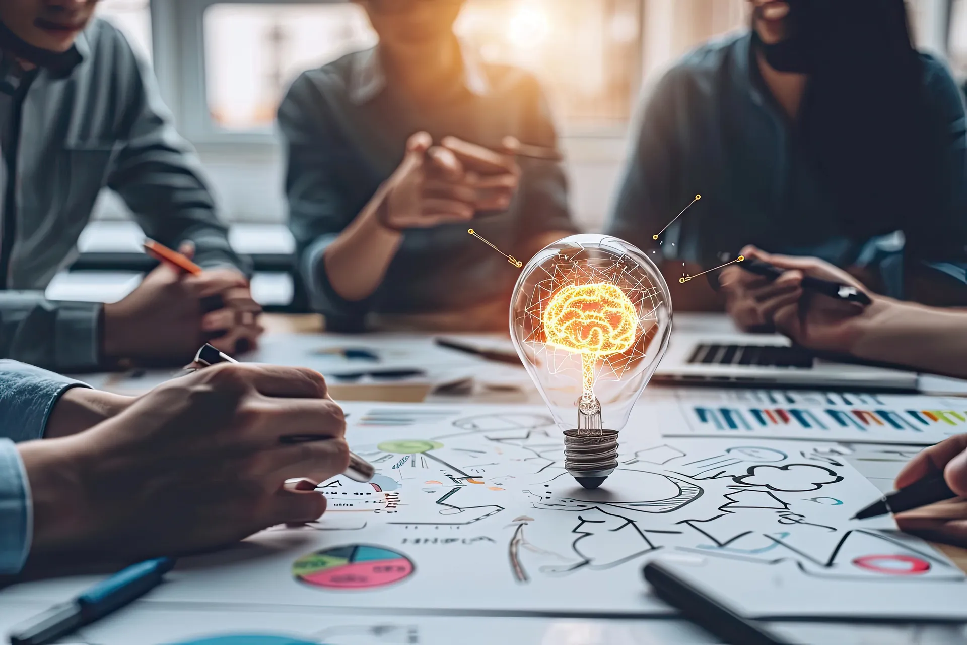 Group of people brainstorming around a table with a glowing light bulb featuring a digital brain inside.