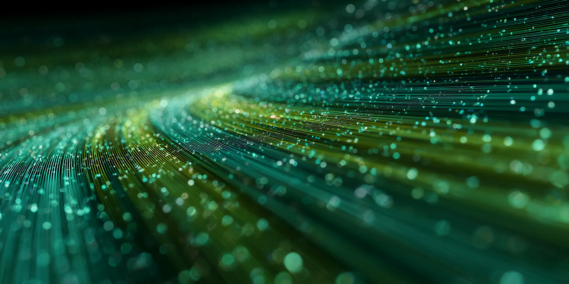 Abstract digital lines and glowing particles flowing in a curved, wave-like pattern in green and teal tones.