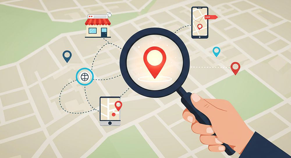 Magnifying glass focusing on a location pin on a map.