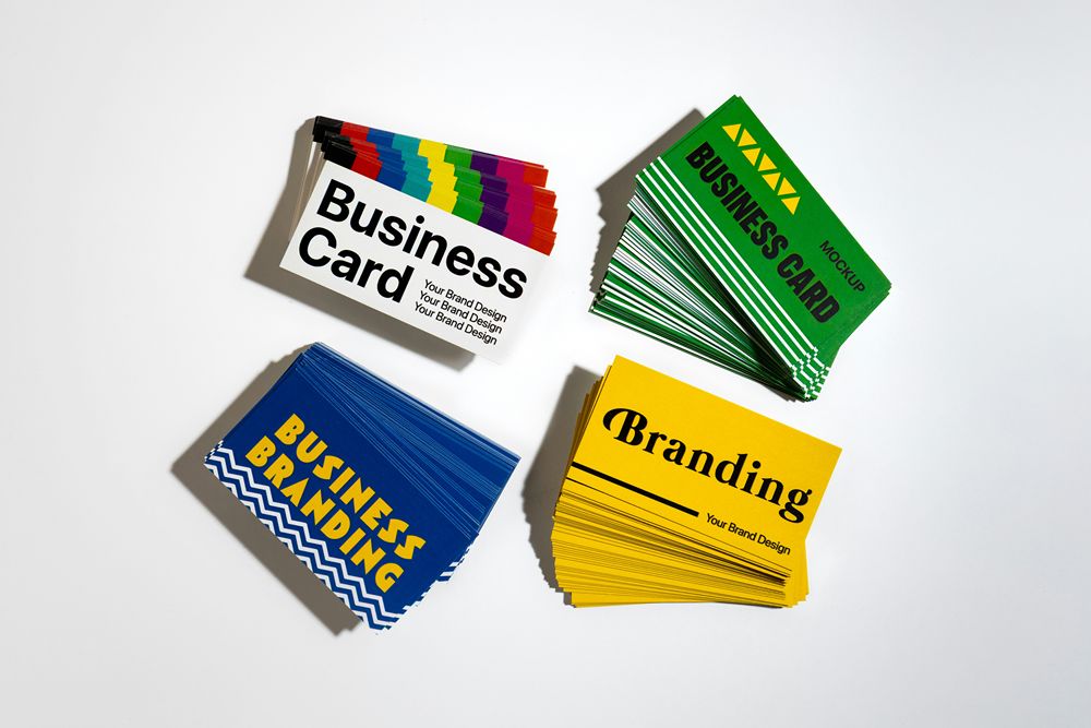Business cards and branding elements on display.