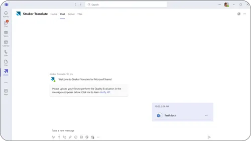 Screenshot of Straker Translate in Microsoft Teams showing file upload, illustrating wide file format support for multilingual translation.