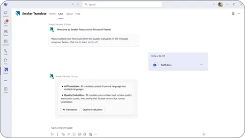 Screenshot of Straker Translate in Microsoft Teams showing AI Translation and Quality Evaluation tools that boost multilingual productivity.