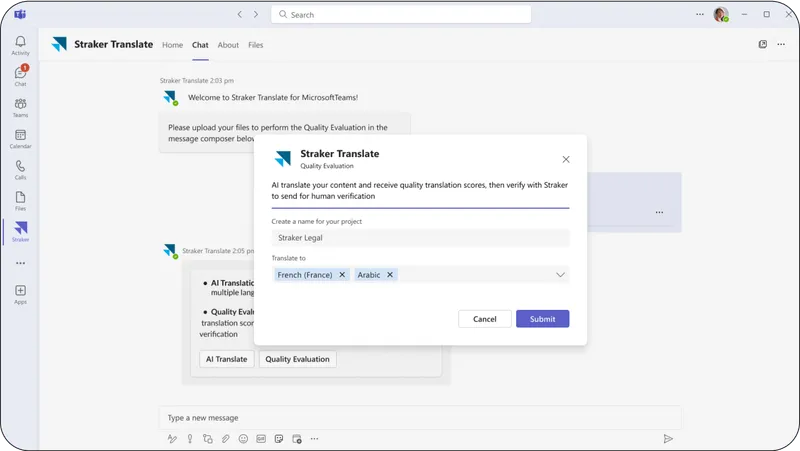 Screenshot of Straker Translate in Microsoft Teams showing AI Translation and Quality Evaluation tools that boost multilingual productivity.