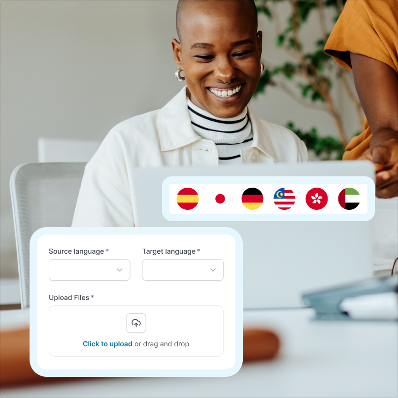 Smiling person wearing glasses talking on a phone with a laptop and a language selection interface showing multiple country flags and file upload option.