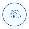 Blue circular badge with text 'ISO 17100' inside.