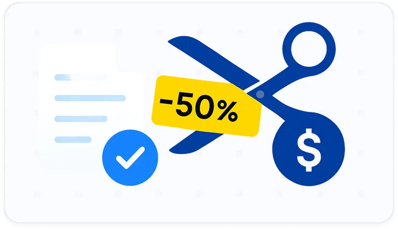Scissors and dollar icon with a 50% label showing how Verify helps you cut translation review costs by up to half.