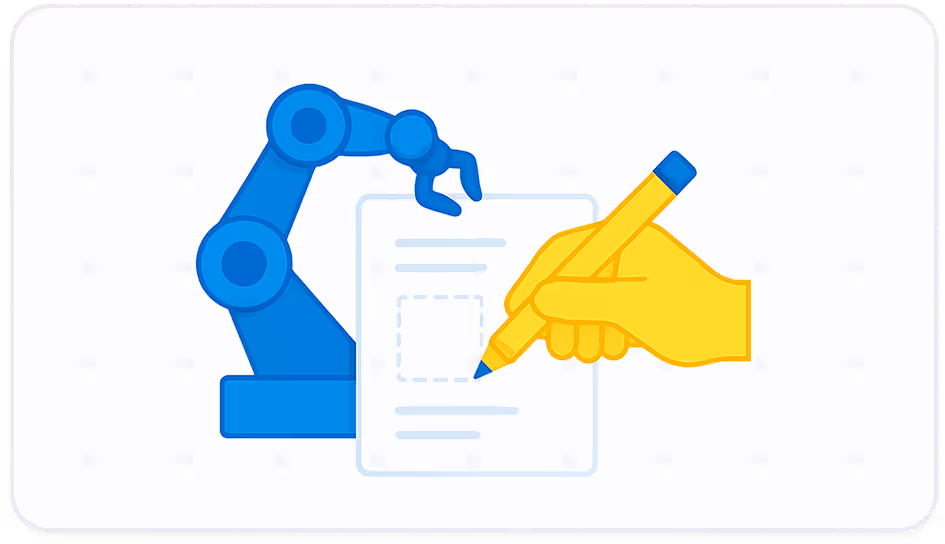 Robot arm and human hand editing a document, showing how Verify uses AI for speed and human finessing only where it’s needed.