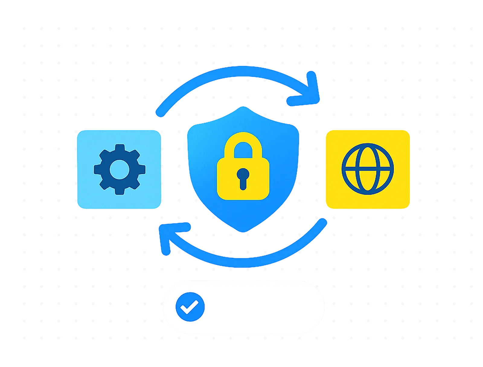 Shield with lock and workflow arrows, showing Verify’s secure closed-loop system that keeps your translation data private.