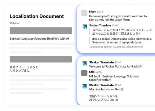 Screenshot showing a localization document and Slack translations, helping teams track progress and manage multilingual projects in one place.