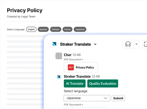Screenshot showing Straker in Slack translating a Privacy Policy, helping legal teams localize sensitive documents securely and accurately.